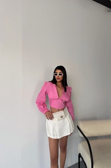 CROP POPLİN GÖMLEK YAKA KENAR DANTEL DETAYLI - Pembe resmi